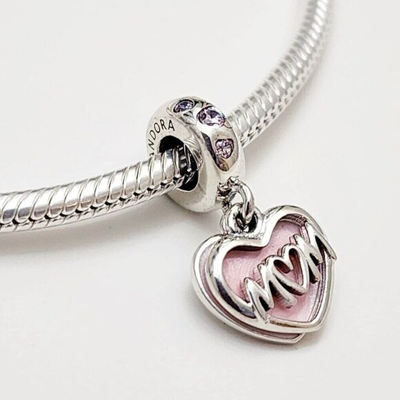 Pandora Mom Script Heart Dangle Charm - Picture 1 of 7